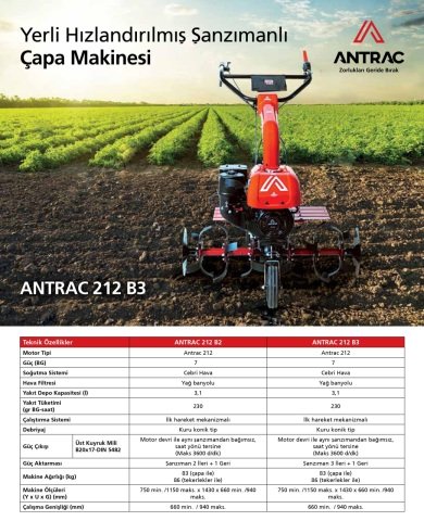ANTRAC 212 B3 Benzinli Çapa Makinesi | 3 ileri 1 geri | 7 Beygir