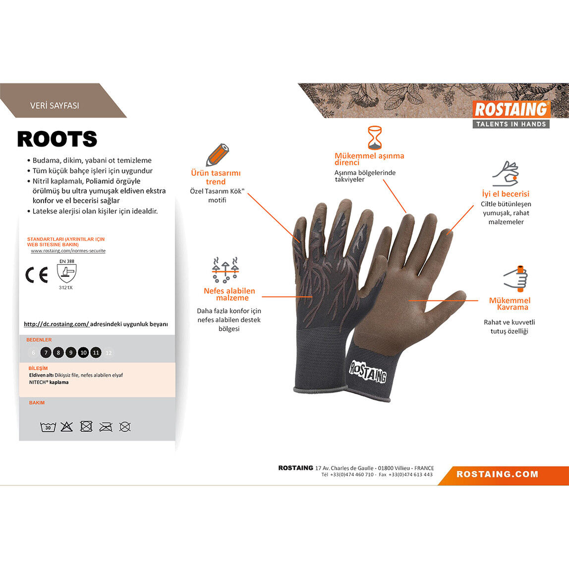Rostaing ROOTS-IT07 Bahçe, Saksı Dikim ve Yabani Ot Eldiveni No:7